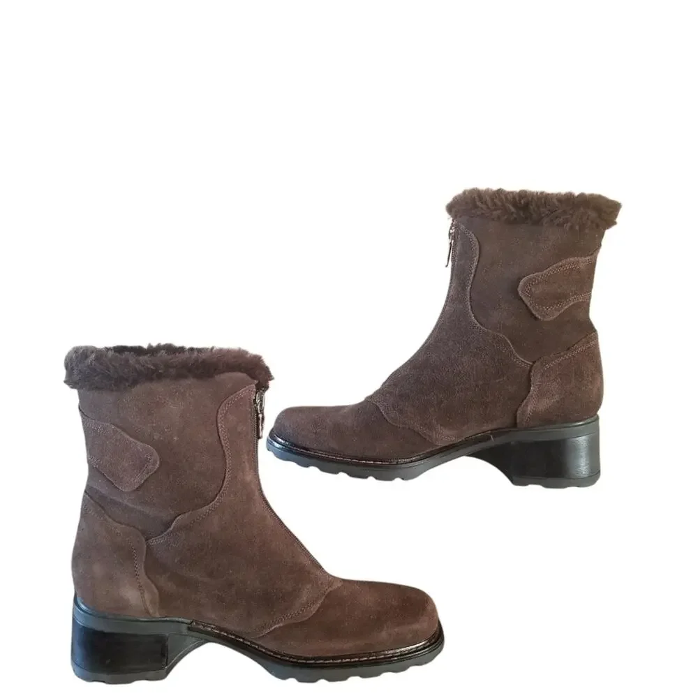 Aquatalia Romania Womens SZ 8 Suede Faux Fur Lined Brown Zip Up Winter Boots